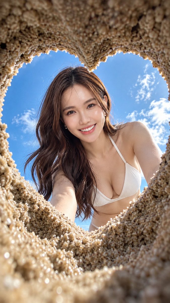 使用人物参考图，拍一张沙滩爱心洞口仰拍照片：在湿润的沙滩上挖了一个心形的小洞垂直于天空，镜头透过这个心形的沙坑特写拍摄，人物透过爱心洞口看向镜头，只露出上半身…