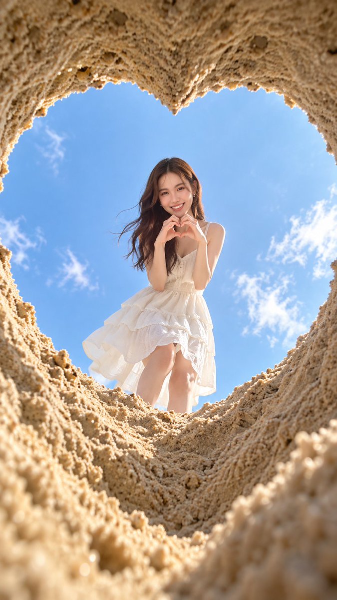 使用人物参考图,拍一张沙滩爱心洞口仰拍照片:在湿润的沙滩上挖了一个心形的小洞垂直于天空,镜头透过这个心形的沙坑特写拍摄,人物透过爱心洞口看向镜头,只露出上半身,背景是蓝天白云,i…