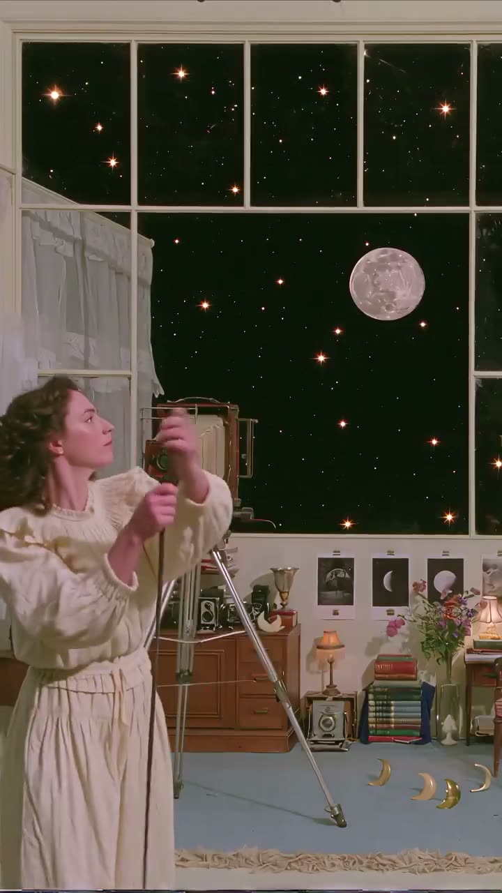 一个超现实的、梦幻般的奇幻视频，具有柔和的复古美学，以离奇的场景为特色，其中身着精致连衣裙的女性与宇宙元素互动：用钩子从星空之窗拉下一轮满月，从宇宙花田中采摘…