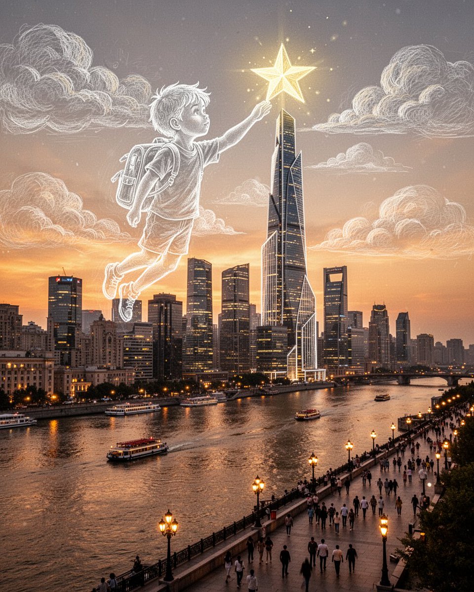 梦幻双重曝光旅行海报：手绘白色粉笔画风的小男孩背着书包，漂浮于手绘云朵之间，伸手将一颗发光的星星放置在未来主义摩天大楼塔顶之上。在他下方，是金色时刻黄昏时分沿…