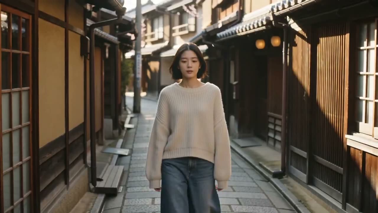 一位年轻的东亚女性，留着柔和的狼尾剪发型，妆容自然素雅，在初春阳光明媚的京都小巷中漫步。她身穿一件奶油色宽松针织毛衣和阔腿牛仔裤。当她朝着镜头走来时，停顿片刻…