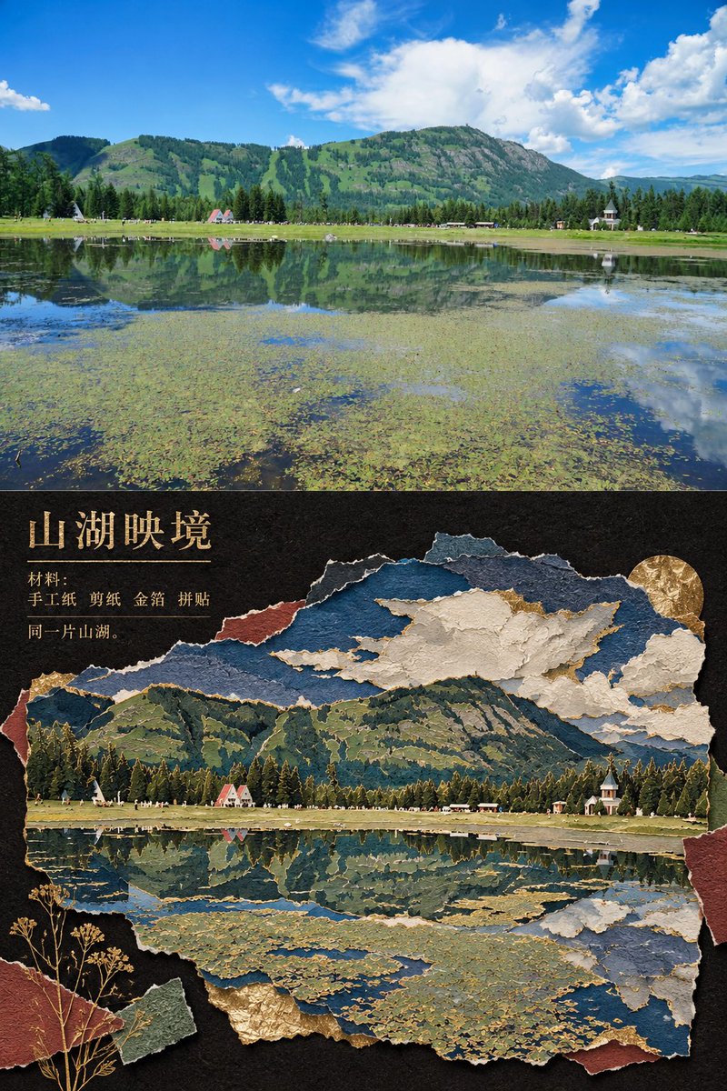 Primary request: 将输入照片转化为“鎏金古迹纸雕拼贴风”，同时保留照片事实与主体身份。 Input images: 输入照片是唯一内容来源；上半部作为真实摄影区…