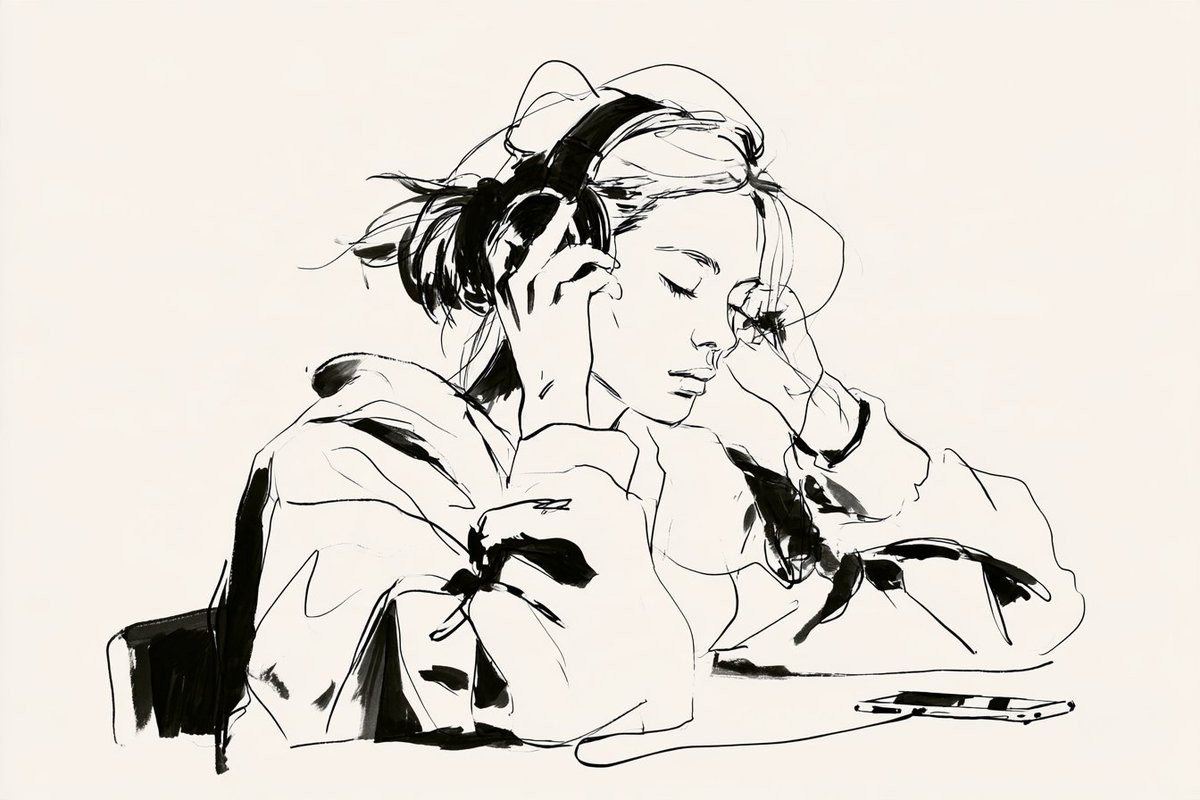 极简主义黑色墨水线条画，描绘一个[主体]在进行[简单动作]，穿着[服装/配饰]，以干净富有表现力的笔触和粗细变化的线条呈现，姿态放松自然，面部特征简化，选择性地使用纯黑色块，极少…