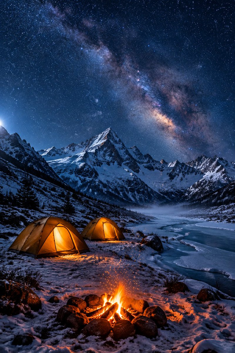 星空下雪山的照片级写实露营地，电影感竖向风景，8K 超精细细节。午夜时分的偏远高山山谷，澄澈晴空。主体细节：两顶散发着光芒的圆顶帐篷，入口处溢出 3000K…