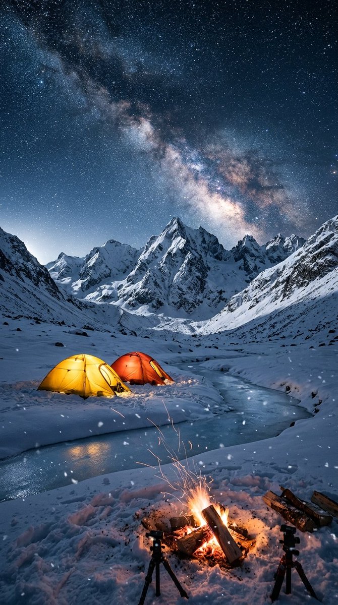星空下雪山的照片级写实露营地，电影感竖向风景，8K 超精细细节。午夜时分的偏远高山山谷，澄澈晴空。主体细节：两顶散发着光芒的圆顶帐篷，入口处溢出 3000K 的暖色灯光；前景是一…