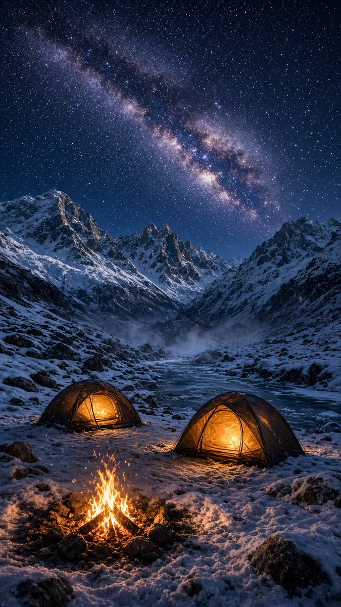 星空下雪山的照片级写实露营地，电影感竖向风景，8K 超精细细节。午夜时分的偏远高山山谷，澄澈晴空。主体细节：两顶散发着光芒的圆顶帐篷，入口处溢出 3000K 的暖色灯光；前景是一…