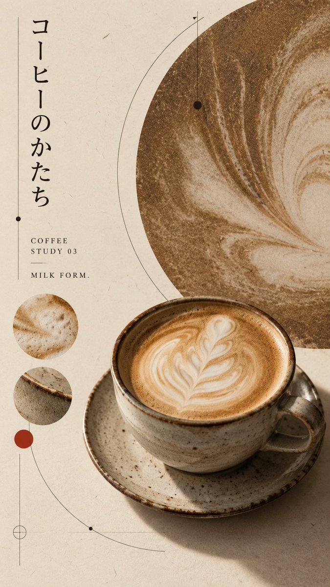 请创作 4 张相互独立的「日式编辑咖啡海报」，四张图属于同一个系列，但每张必须拥有不同的主体表现、构图路径和视觉事件，不得只更换颜色或品牌名。 四张图共同采用现代日本博物馆出版物…