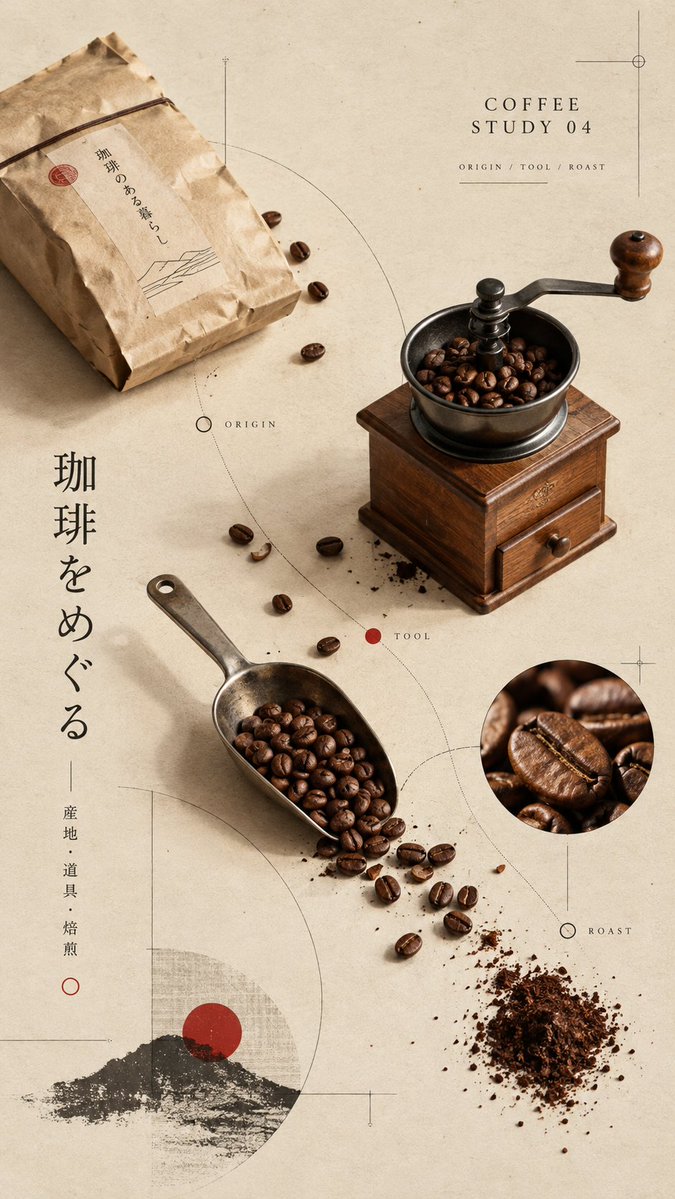 请创作 4 张相互独立的「日式编辑咖啡海报」，四张图属于同一个系列，但每张必须拥有不同的主体表现、构图路径和视觉事件，不得只更换颜色或品牌名。 四张图共同采用现代日本博物馆出版物…